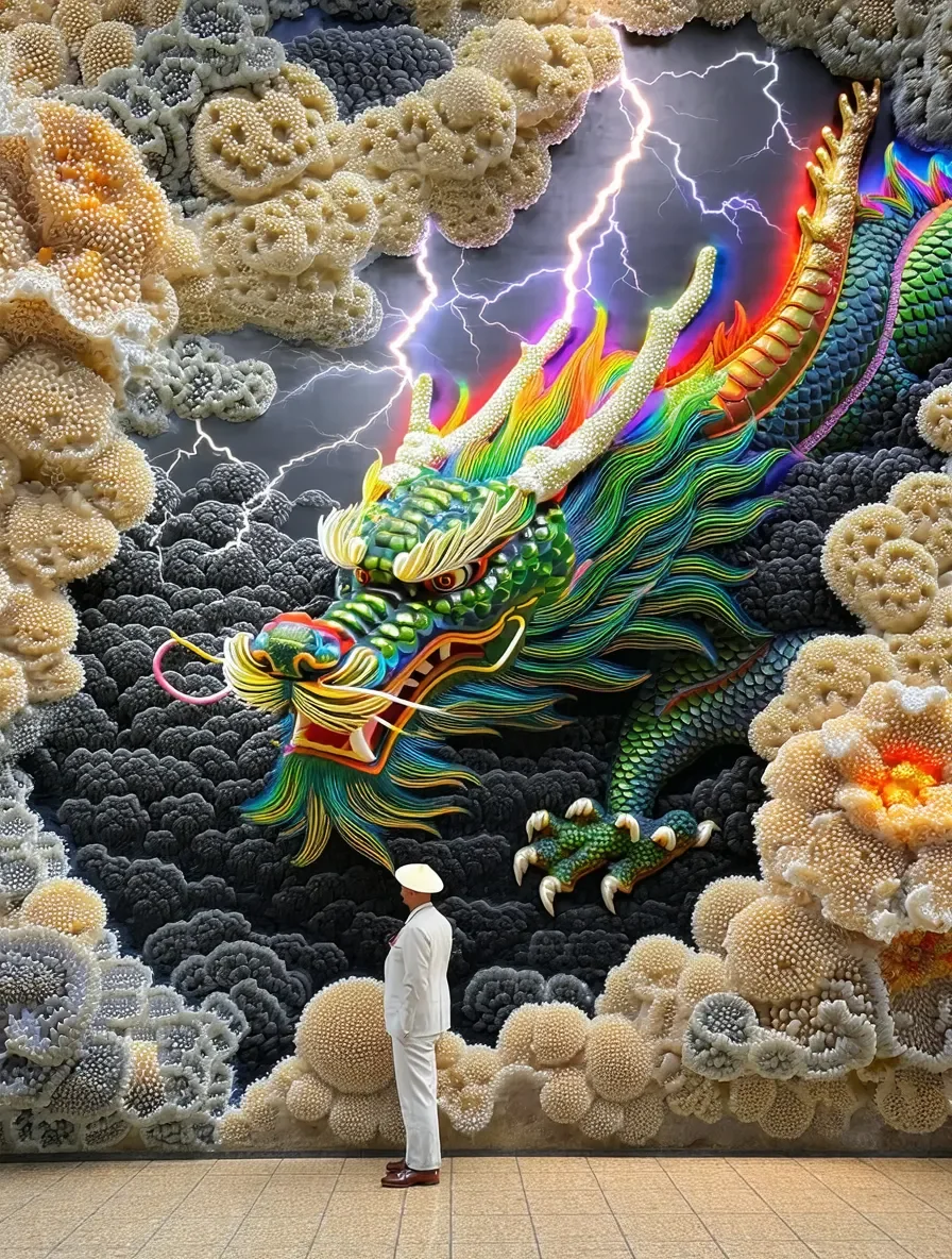 Colorful dragon textile mural — Colorful dragon textile mural. Expressive illustration, harmonious colors, a clear focal point and carefully arranged details. Create a new…