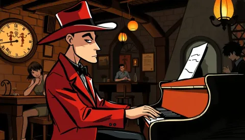 Red suited cartoon pianist — Red suited cartoon pianist. Expressive illustration, harmonious colors, a clear focal point and carefully arranged details. Create a new…