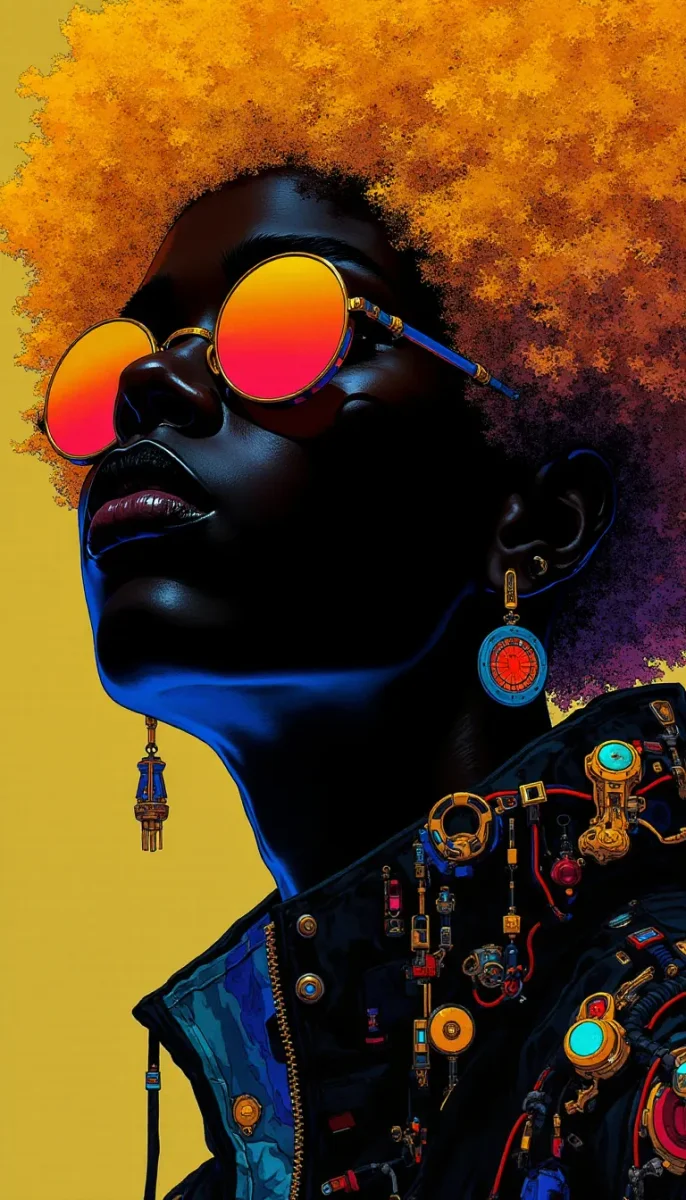 Sunset sunglasses — A graphic portrait with a bright orange afro and mirrored sunset sunglasses, dark blue skin tones and bold color.