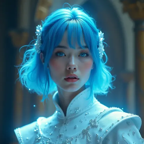 Blue haired winter portrait — Blue haired winter portrait. An imaginative character study with distinctive materials, expressive posture and cinematic lighting. Create a new…