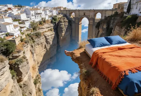 Bedroom above the clouds — An impossible cliffside bed overlooking a deep gorge filled with clouds and an old stone bridge, surreal travel scene.