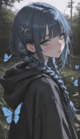 Blue butterfly traveler — An original dark-haired anime traveler surrounded by blue butterflies in a quiet forest, muted colors.