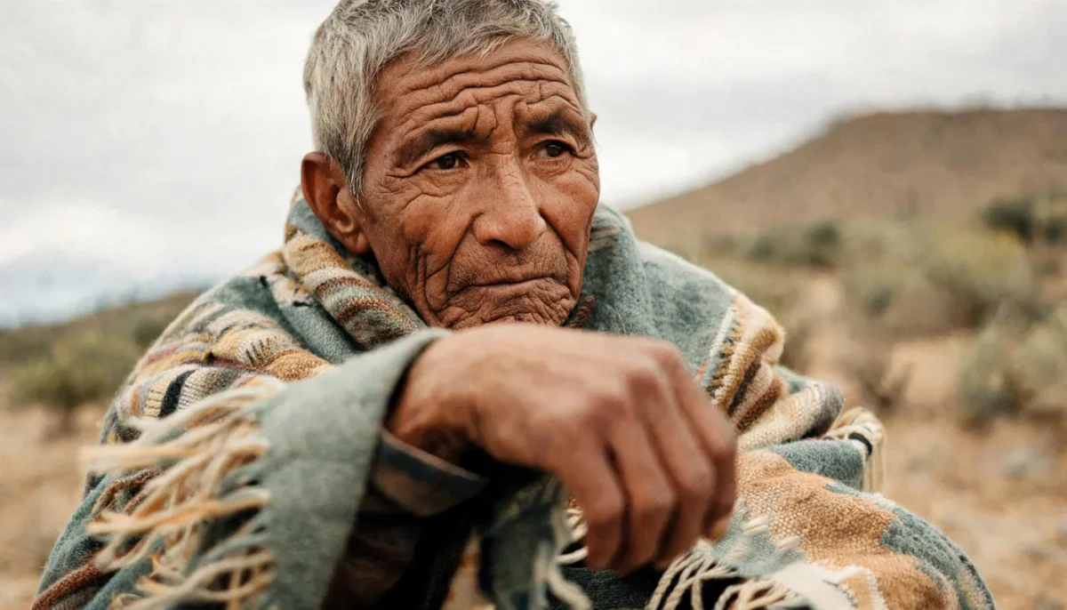 Highland elder — An elderly man wrapped in a woven blanket against a rugged landscape, expressive weathered face and natural light.