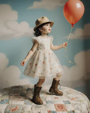 Child with a balloon against painted clouds — Child with a balloon against painted clouds. Natural photographic detail, balanced composition, expressive light and clear subject…