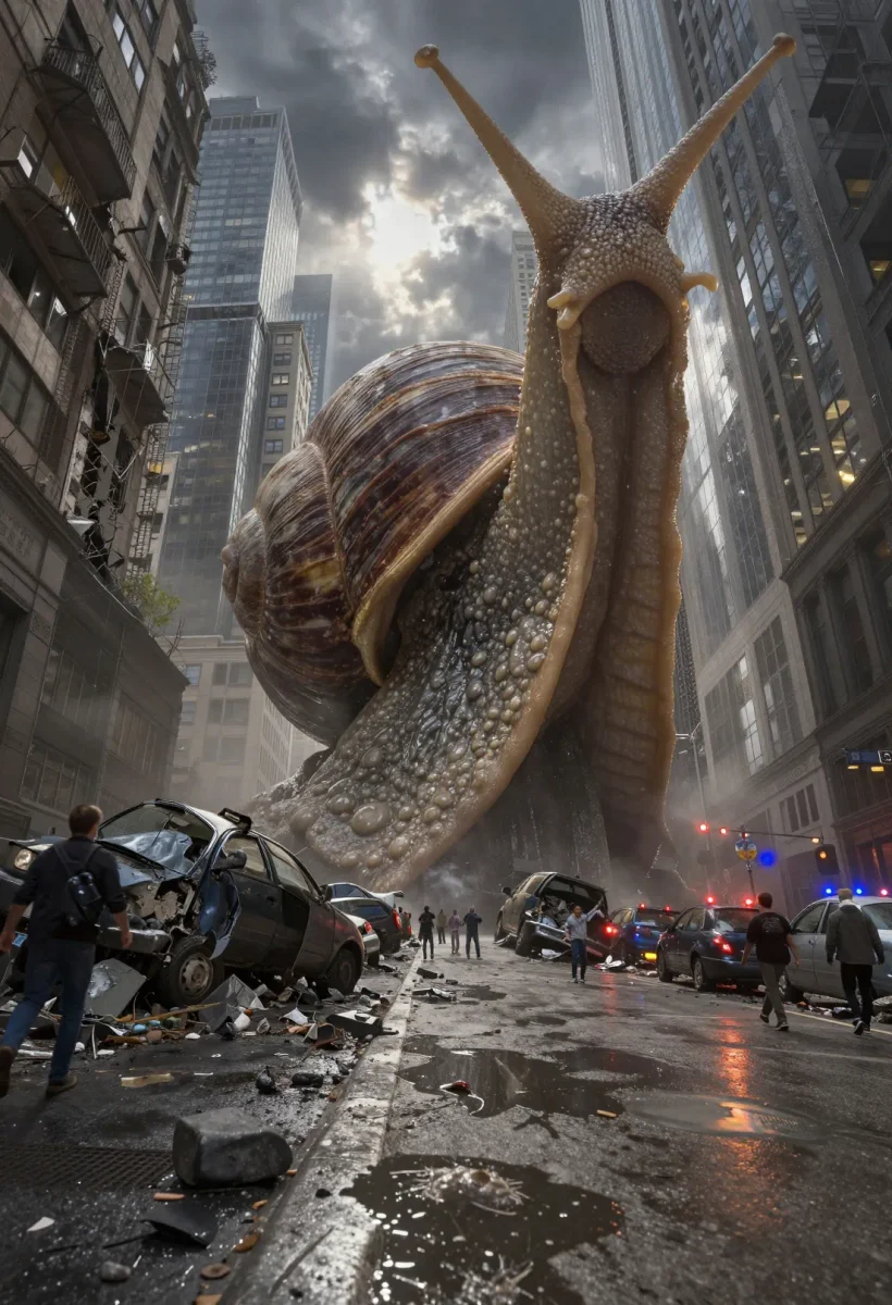 Giant city snail — A colossal snail moving between skyscrapers on a rainy street, tiny vehicles emphasizing scale, cinematic realism.