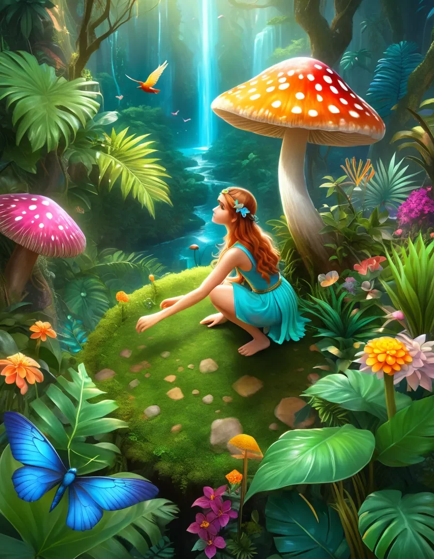Fairy beside a giant mushroom — Fairy beside a giant mushroom. Expressive illustration, harmonious colors, a clear focal point and carefully arranged details. Create a new…