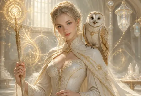 Golden owl keeper — Golden owl keeper. An imaginative character study with distinctive materials, expressive posture and cinematic lighting. Create a new interpretation, without…