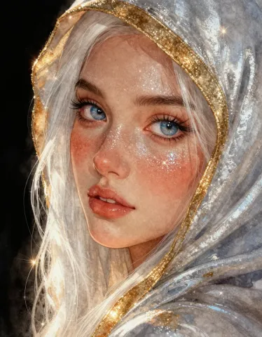 Silver hood portrait — A freckled portrait framed by a reflective silver hood with gold trim, delicate studio highlights.