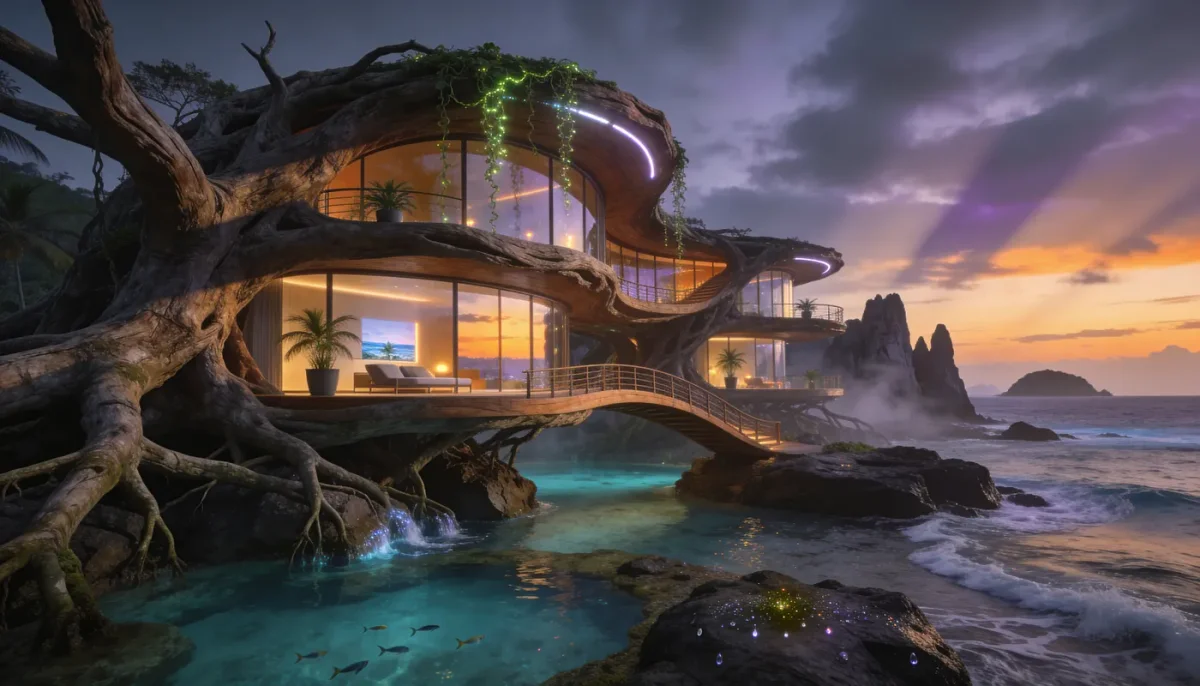 Organic seaside glass house — Organic seaside glass house. An atmospheric environment with layered depth, coherent lighting and rich environmental detail. Create a new…