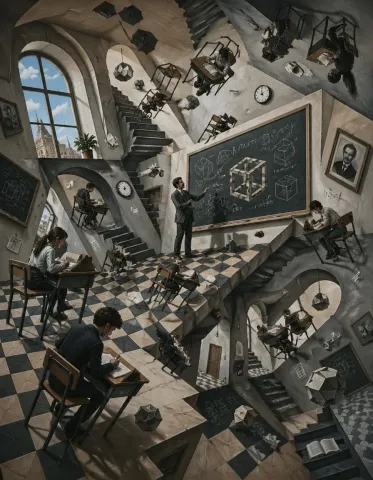 Impossible classroom — A surreal monochrome classroom with intersecting staircases, floating furniture and chalkboard geometry.