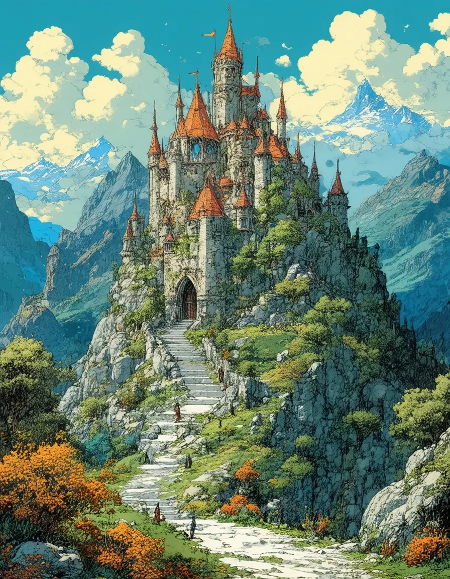 Mountain castle — A colorful storybook castle above winding stone paths and alpine forests, blue mountains and fluffy clouds.