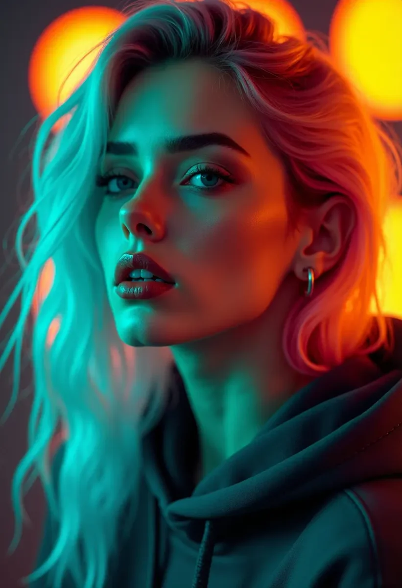 Orange and cyan neon portrait — Orange and cyan neon portrait. Natural photographic detail, balanced composition, expressive light and clear subject separation. Create a new…