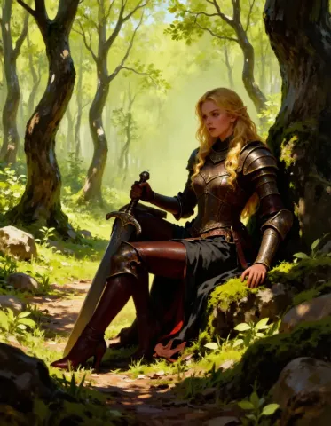 Armored traveler resting in a forest — Armored traveler resting in a forest. An imaginative character study with distinctive materials, expressive posture and cinematic lighting.…