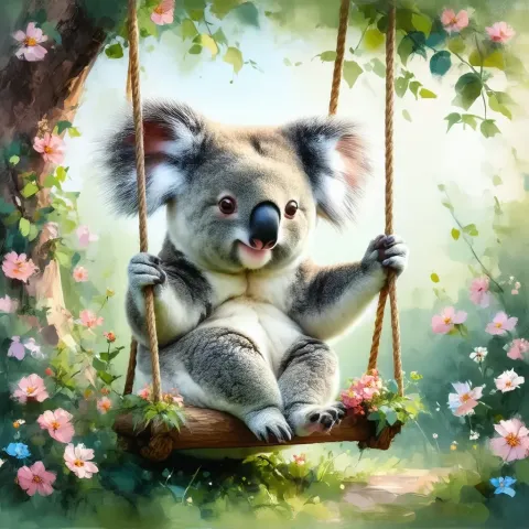 Koala on a flowering swing — Koala on a flowering swing. An expressive animal portrait, detailed fur or surface texture, a clear focal point and harmonious surroundings. Create a…