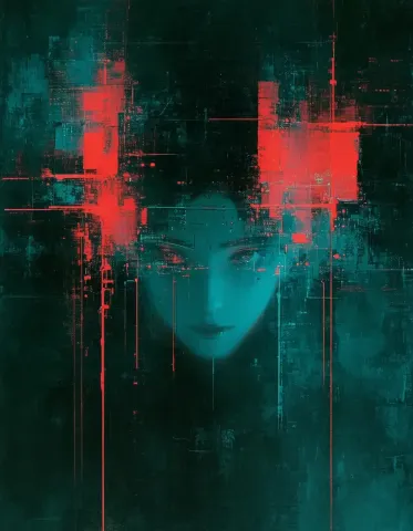 Crimson digital portrait — A shadowy face emerging through teal and crimson digital brush marks, layered abstract portrait.