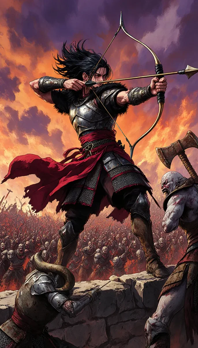 Fantasy archer in a crimson sky — Fantasy archer in a crimson sky. An imaginative character study with distinctive materials, expressive posture and cinematic lighting. Create a…