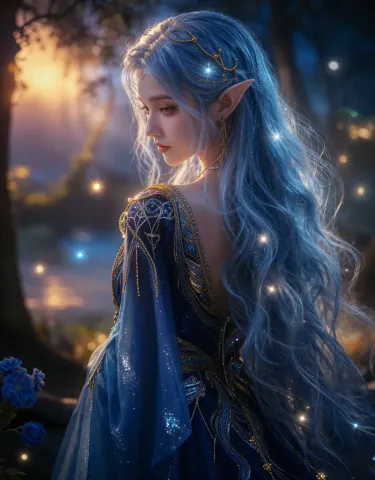 Blue-haired elf evening — An original blue-haired elf in a richly embroidered robe, soft candlelit garden and delicate gold accents.
