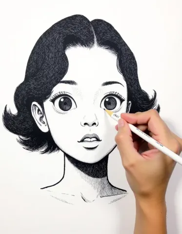 Drawing a wide eyed ink portrait — Drawing a wide eyed ink portrait. Expressive illustration, harmonious colors, a clear focal point and carefully arranged details. Create a new…