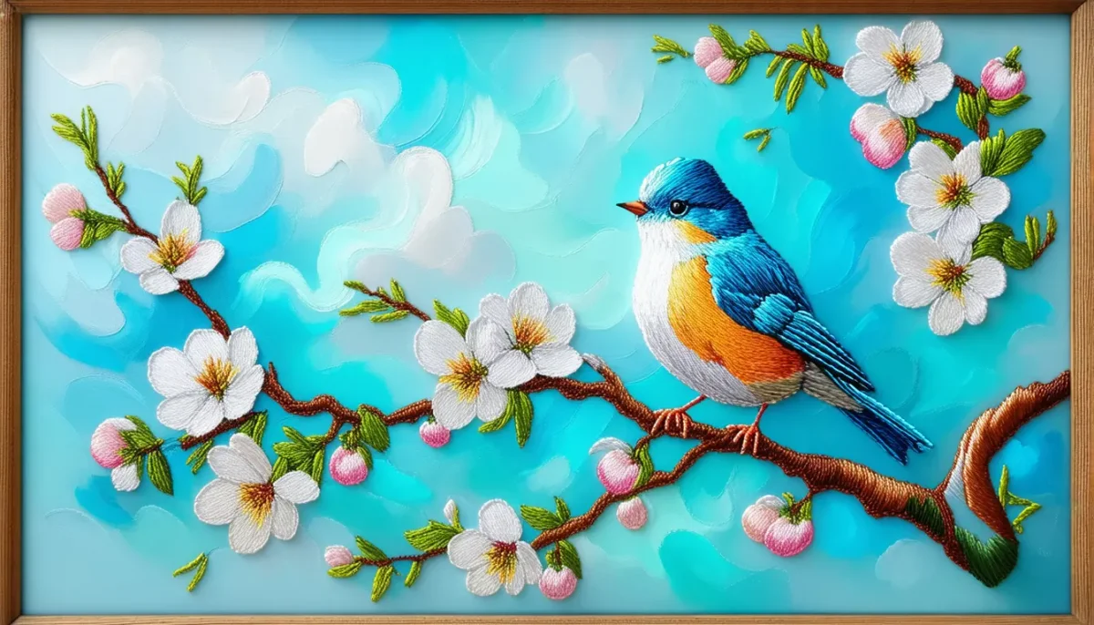 Blue bird and white blossoms painting — Blue bird and white blossoms painting. Expressive illustration, harmonious colors, a clear focal point and carefully arranged details.…