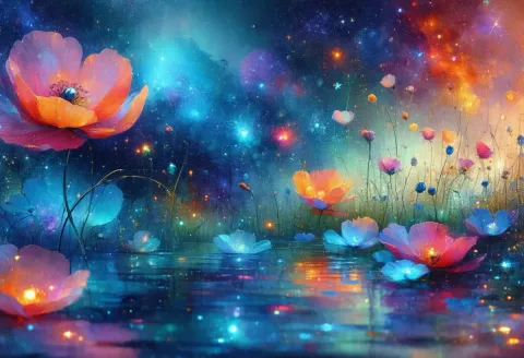 Cosmic floating flower garden — Cosmic floating flower garden. Expressive illustration, harmonious colors, a clear focal point and carefully arranged details. Create a new…