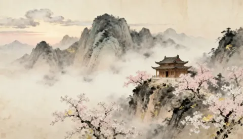 Mountain pavilion in spring mist — Mountain pavilion in spring mist. An atmospheric environment with layered depth, coherent lighting and rich environmental detail. Create a new…