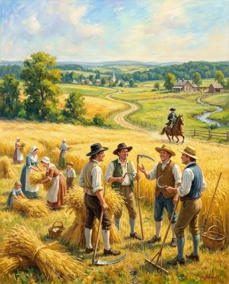 Golden harvest — A sunlit countryside harvest scene, farmers gathering golden wheat, rolling green hills and distant cottages, expressive oil painting with a warm pastoral palette.