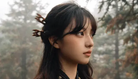 Quiet outdoor portrait — A natural dark-haired portrait in a softly blurred woodland, muted light and thoughtful sideward gaze.