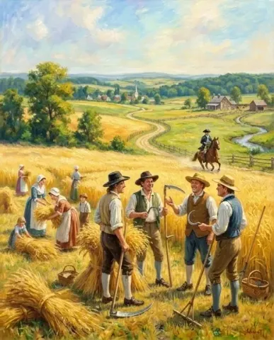 Golden harvest — A sunlit countryside harvest scene, farmers gathering golden wheat, rolling green hills and distant cottages, expressive oil painting with a warm pastoral palette.