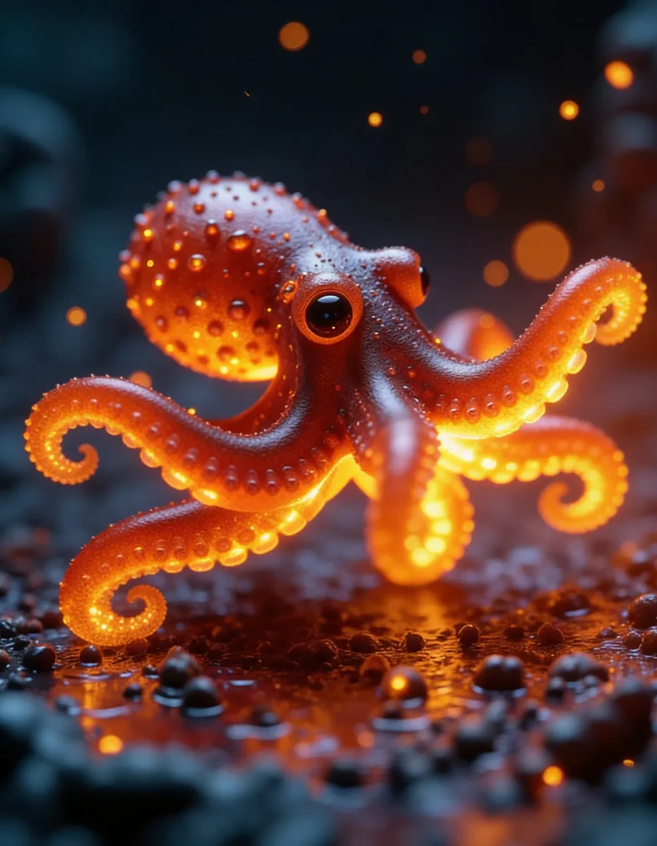 Glowing little octopus — A tiny translucent orange octopus glowing on a wet pebble beach, blue shadows and warm bokeh.