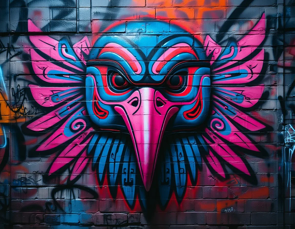 Neon bird mask graffiti — Neon bird mask graffiti. Expressive illustration, harmonious colors, a clear focal point and carefully arranged details. Create a new interpretation…