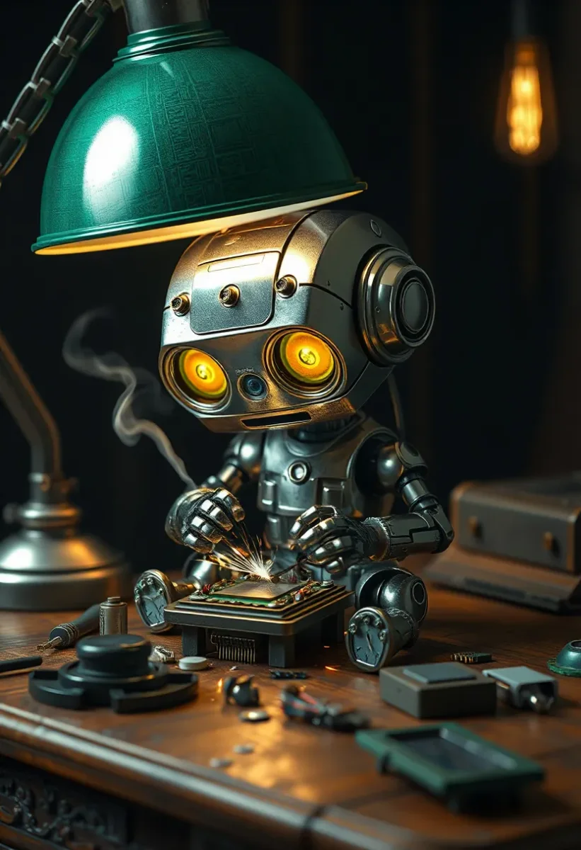 Small clockwork robot at a desk — Small clockwork robot at a desk. An imaginative character study with distinctive materials, expressive posture and cinematic lighting. Create a…