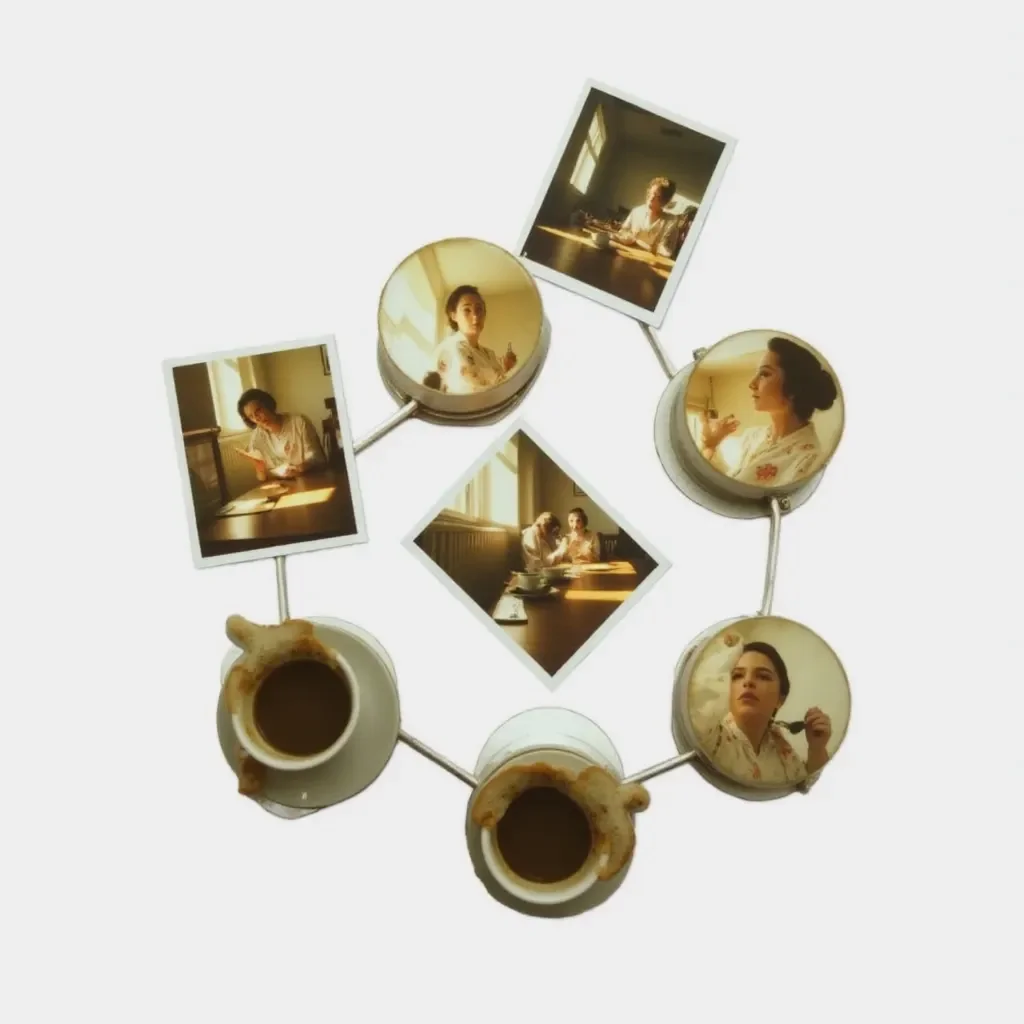 Coffee cup and small framed portraits — Coffee cup and small framed portraits. A carefully composed still life with clear material textures, controlled lighting and a clean focal…