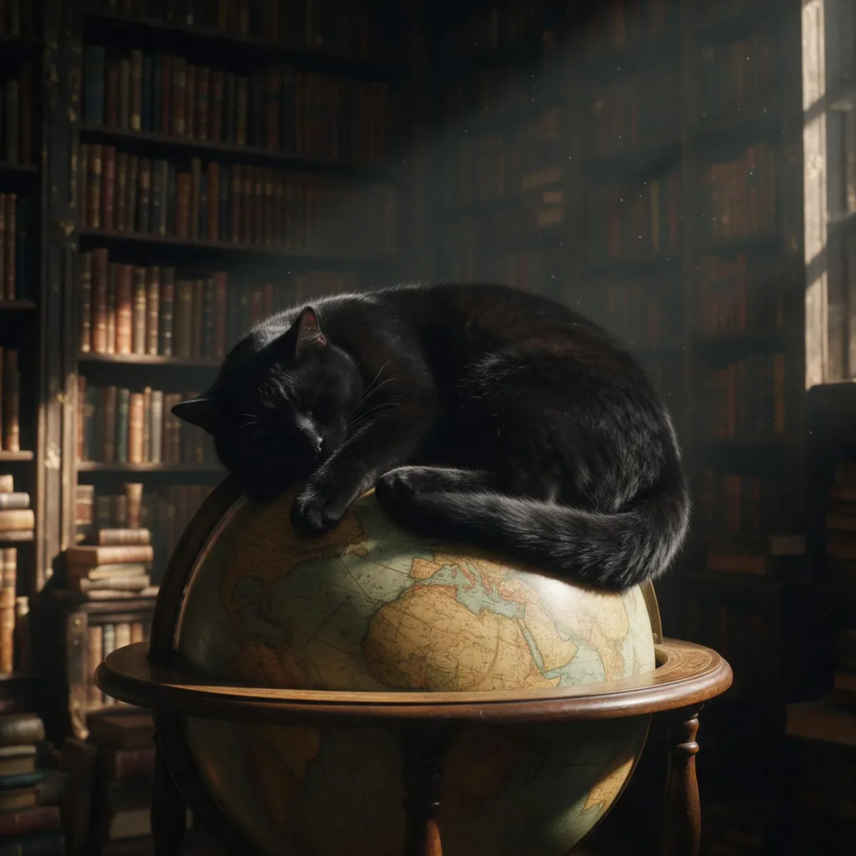 Library cat — A black cat curled up asleep on an antique globe in a quiet library, warm window light, old books, rich wood textures, cozy photographic still life.