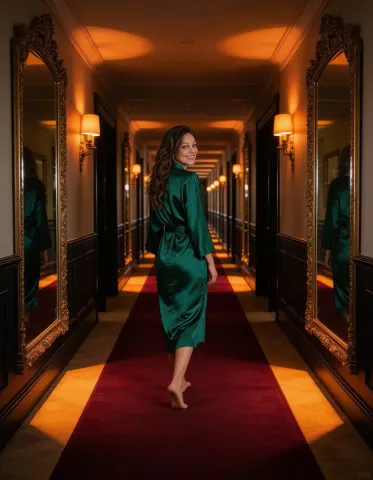 Emerald gown in a golden corridor — Emerald gown in a golden corridor. Natural photographic detail, balanced composition, expressive light and clear subject separation. Create a…