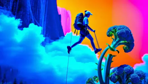 Surreal neon mountain hike — Surreal neon mountain hike. Expressive illustration, harmonious colors, a clear focal point and carefully arranged details. Create a new…