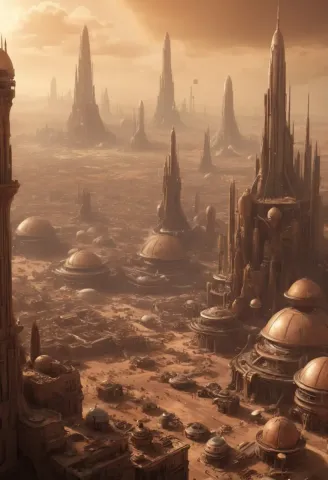 Dusty alien desert city — Dusty alien desert city. An atmospheric environment with layered depth, coherent lighting and rich environmental detail. Create a new interpretation…