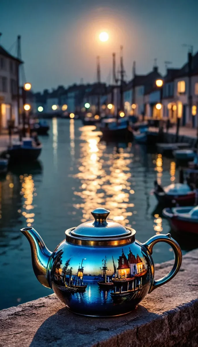 Blue teapot beside a moonlit harbor — Blue teapot beside a moonlit harbor. A carefully composed still life with clear material textures, controlled lighting and a clean focal…