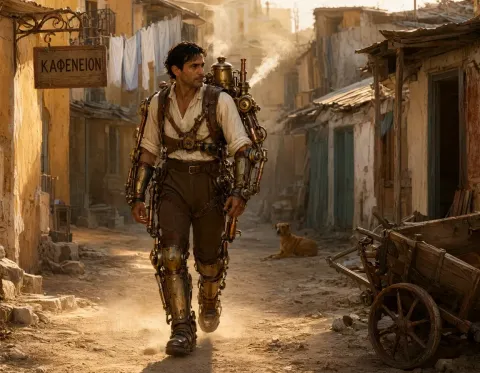 Mechanical traveler in a dusty street — Mechanical traveler in a dusty street. An imaginative character study with distinctive materials, expressive posture and cinematic…