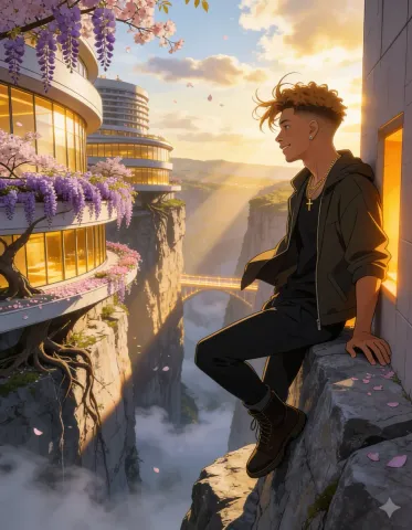 Sunset balcony above a futuristic canyon — Sunset balcony above a futuristic canyon. Expressive illustration, harmonious colors, a clear focal point and carefully arranged…