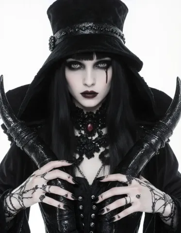 Gothic black hat portrait — Gothic black hat portrait. Natural photographic detail, balanced composition, expressive light and clear subject separation. Create a new…