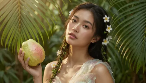 Tropical coconut portrait — A woman holding a green coconut among palm leaves, white flowers in her hair, soft tropical daylight.