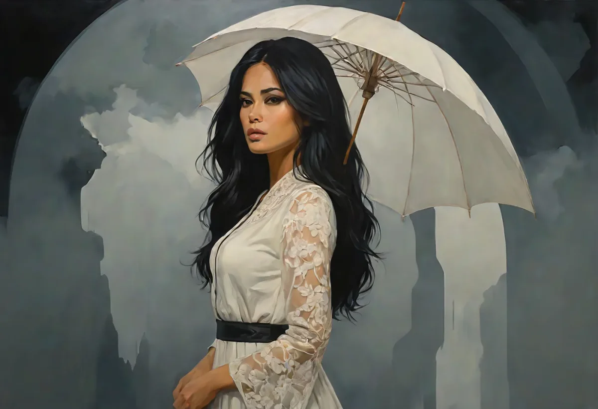 White umbrella painted portrait — White umbrella painted portrait. Expressive illustration, harmonious colors, a clear focal point and carefully arranged details. Create a new…