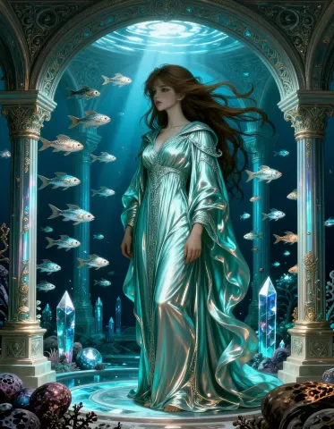 Underwater hall and silver gown — Underwater hall and silver gown. Expressive illustration, harmonious colors, a clear focal point and carefully arranged details. Create a new…