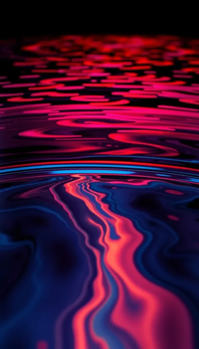 Liquid neon — Abstract crimson and electric-blue reflections rippling across dark water, glossy fluid texture.