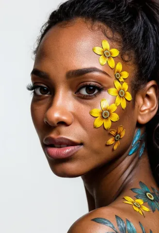 Yellow flowers painted on skin — Yellow flowers painted on skin. Natural photographic detail, balanced composition, expressive light and clear subject separation. Create a new…