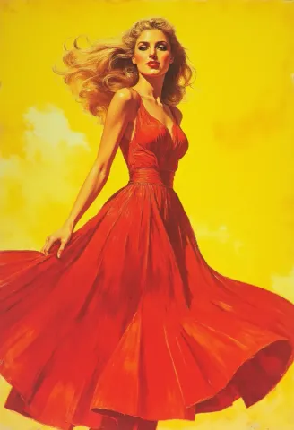 Red dress on golden yellow — Red dress on golden yellow. Expressive illustration, harmonious colors, a clear focal point and carefully arranged details. Create a new…