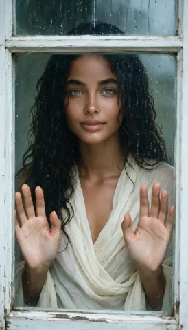Portrait behind a rainy window — Portrait behind a rainy window. Natural photographic detail, balanced composition, expressive light and clear subject separation. Create a new…