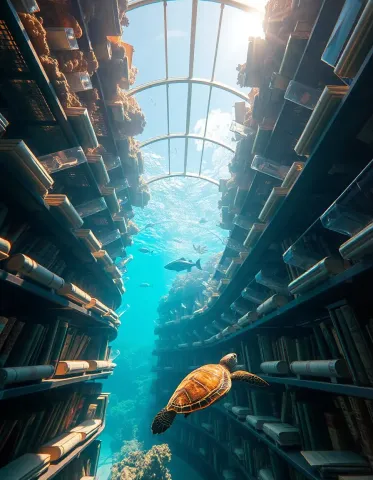 Underwater library and turtle — Underwater library and turtle. An atmospheric environment with layered depth, coherent lighting and rich environmental detail. Create a new…