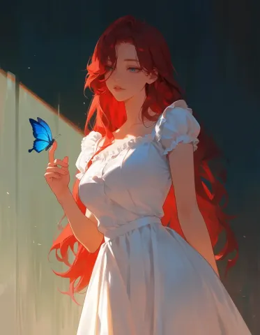 Butterfly visitor — A red-haired illustrated woman in a white dress watching a blue butterfly, warm diagonal sunlight.