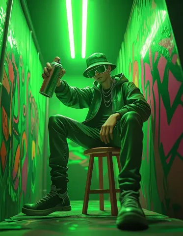 Green neon streetwear portrait — Green neon streetwear portrait. Expressive illustration, harmonious colors, a clear focal point and carefully arranged details. Create a new…